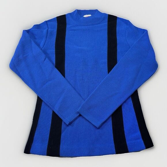 Vintage 80s Topher 100% Wool Sweater Blue Black Stripe Mod Style - Picture 1 of 6